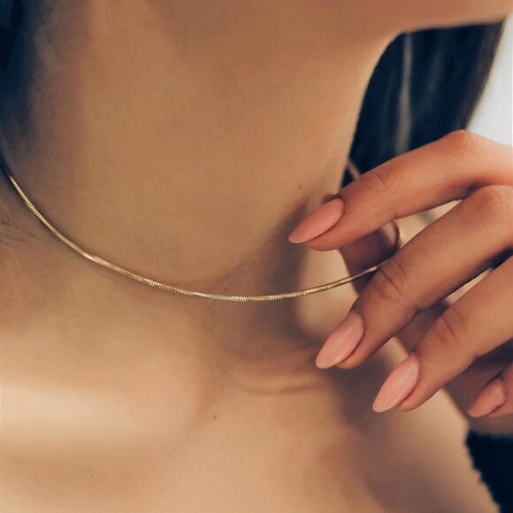 14K Gold Herringbone Snake Chain Choker Necklace Necklaces for Women for Teen - Picture 7 of 8